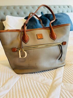 Dooney & Bourke Gray Pebbled Leather Tote with Brown Trim